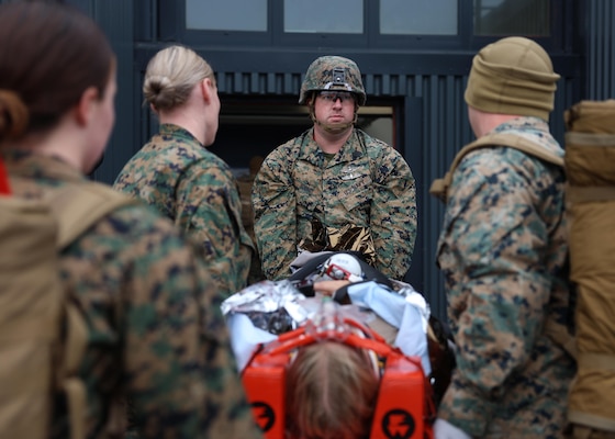 240827-N-DE439-1121 KEFLAVIK AIR BASE, Iceland (Aug. 27, 2024) Hospital Corpsman 2nd Class John Young, center, with the Marine Corps Shock Trauma Team (STT) from Combat Logistic Battalion 8, provide En Route Care as part of exercise Northern Viking 24 (NV24) on Keflavik Air Base, Iceland, Aug. 27, 2024. NV24 strengthens interoperability and force readiness between the U.S., Iceland and Allied nations, enabling multi-domain command and control of joint and coalition forces in the defense of Iceland and sea lines of communication in the Greenland, Iceland, United Kingdom (GIUK) gap. (U.S. Navy photo by Mass Communication Specialist 1st Class Almagissel Schuring)