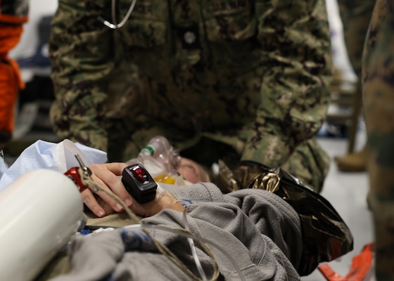 240827-N-DE439-1138 KEFLAVIK AIR BASE, Iceland (Aug. 27, 2024) Expeditionary Resuscitative Surgical System Team 9 (ERSS) respond to a simulated casualty during exercise Northern Viking (NV24) on Keflavik Air Base, Iceland, Aug. 27, 2024. NV24 strengthens interoperability and force readiness between the U.S., Iceland and Allied nations, enabling multi-domain command and control of joint and coalition forces in the defense of Iceland and sea lines of communication in the Greenland, Iceland, United Kingdom (GIUK) gap. (U.S. Navy photo by Mass Communication Specialist 1st Class Almagissel Schuring)