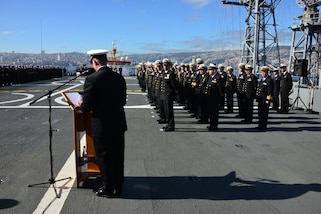 Rear Adm. Rich Lofgren, U.S. Naval Forces Southern Command/U.S. 4th Fleet Deputy Commander, greets the multinational delegation of UNITAS LXV along with Chilean Navy Vice Adm. Claudio Maldonado, Chilean Commander of Naval Operations, at the exercise's opening ceremony onboard ARC Sargento Aldea, pierside in Valparaiso, Chile, Sept. 2, 2024. 

UNITAS LXV commenced today in Valparaiso, Chile, with 17 ships, two submarines, and 23 aircraft operated and supported by more than 4,300 Sailors and Marines from 24 nations. UNITAS is the world's longest-running multinational maritime exercise, conceived in 1959 and executed without fail since 1960.