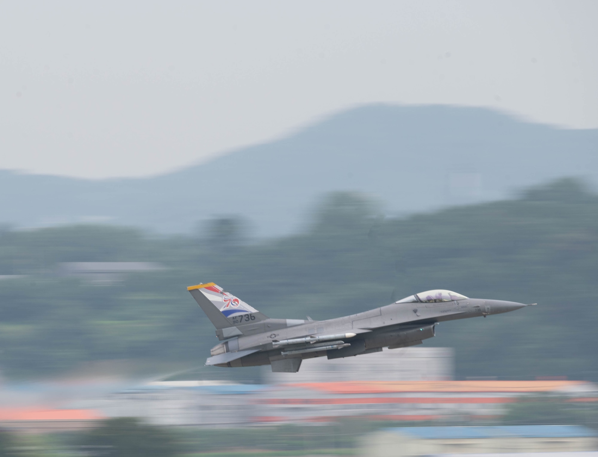 A U.S. Air Force F-16 Fighting Falcon, 36th Fighter Squadron, takes off at Osan Air Base, Republic of Korea, Aug. 27, 2024. Airborne alert interdiction (XINT) missions are designed to provide persistent reconnaissance or persistent attack, on-call airpower where targeting is expected to be highly dynamic or unpredictable. (U.S. Air Force photo by Staff Sgt. Christopher Tam)