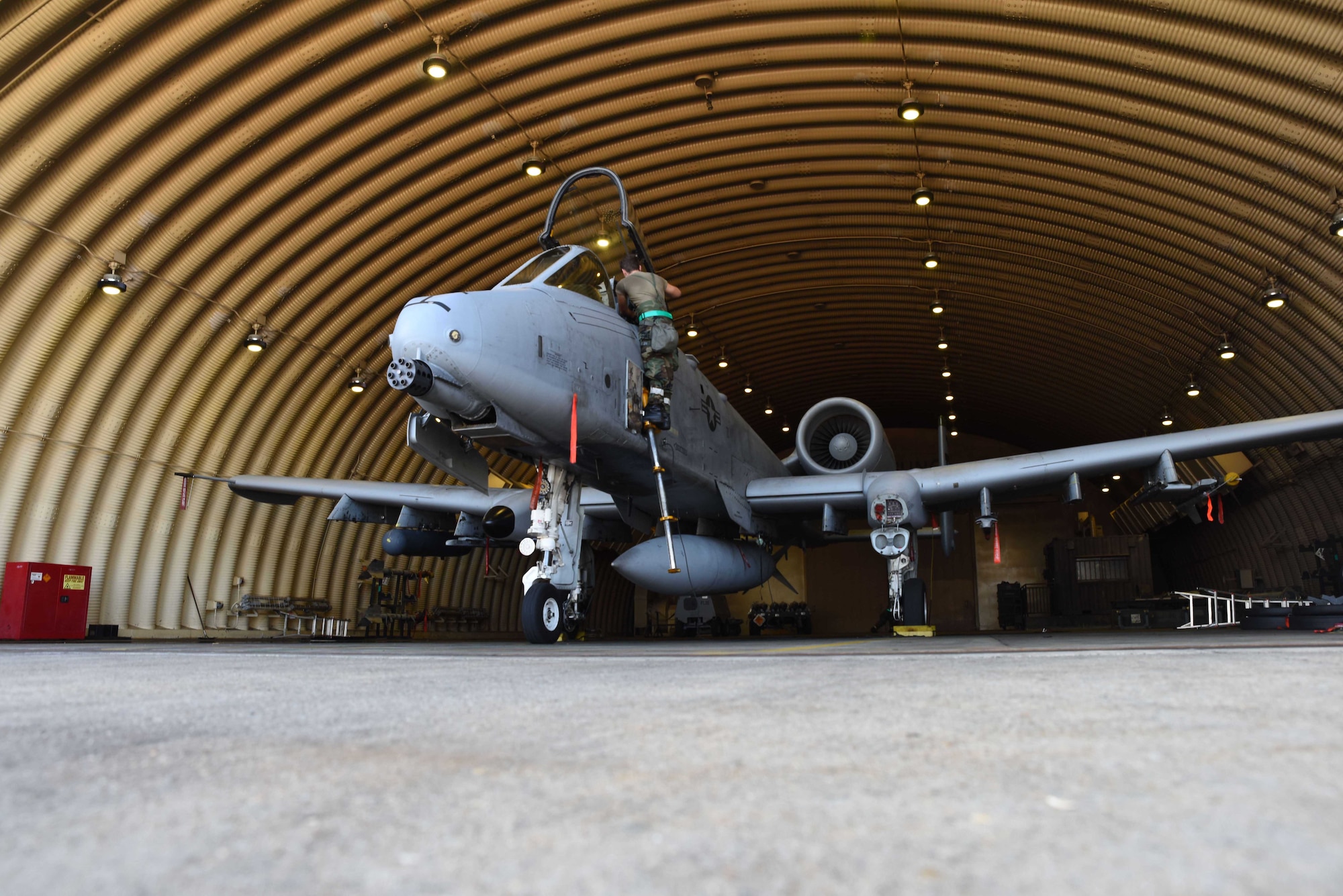 U.S. Air Force Airman 1st Class Andrew Pacheco, 25th Fighter Generation Squadron assistant dedicated crew chief, prepares the cockpit for an A-10C Thunderbolt II pilot during Ulchi Freedom Shield 24 at Osan Air Base, Republic of Korea, Aug. 20, 2024. UFS24 is an annual exercise and provides a rigorous training environment to enhance combat readiness and response capabilities. (U.S. Air Force photo by Staff Sgt. Kahdija Slaughter)