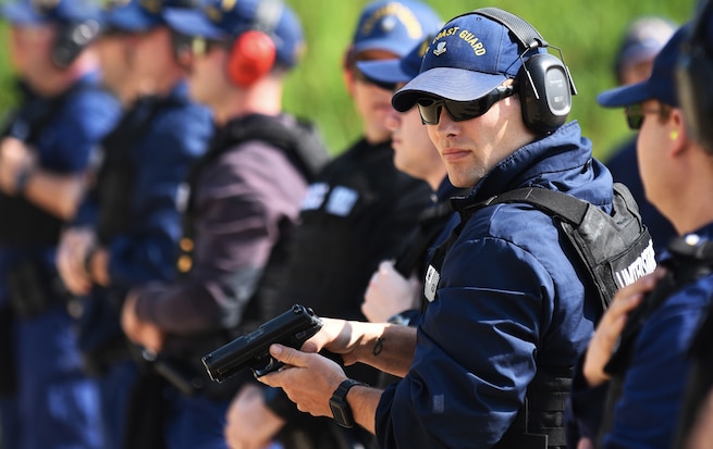 Coast Guard Sector Northern New England (SNNE) reserve members attached to SNNE including Station Rockland, Station South Portland and Station Portsmouth Harbor, participate in law enforcement training at the range as part of their Boarding Team College in Portland, Maine, May 19, 2023. Law enforcement members qualify or prequalify while practicing their marksmanship skills to maintain proficiency. (U.S. Coast Guard photo by Petty Officer 1st Class Amber Howie)