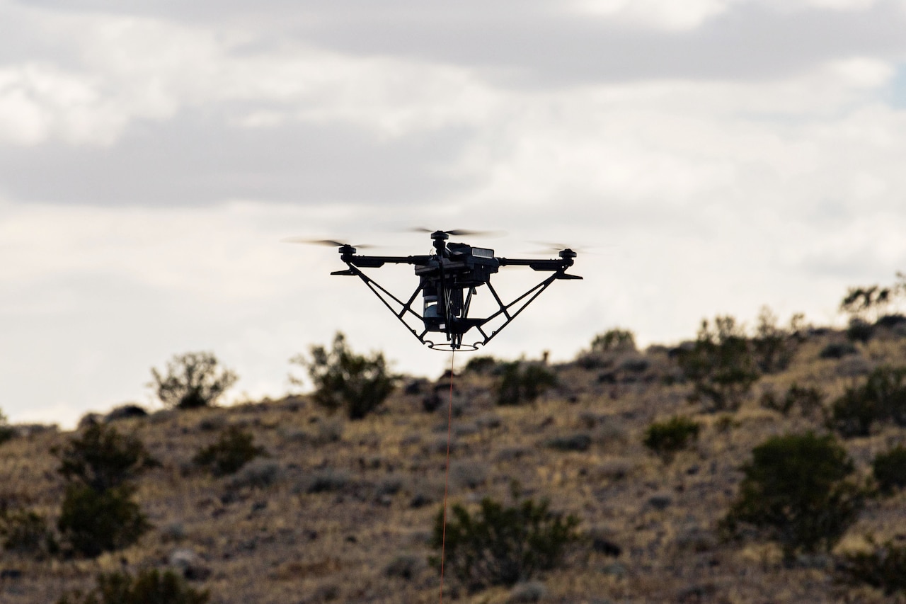 A drone hovers.