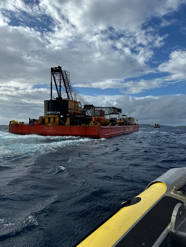 The Resolve Marine 400-ton shear-leg barge near Culebra, Puerto Rico, Sept. 2, 2024, that was towed from Baltimore, Maryland to remove the grounded sailing vessel Obsession from a reef just off Flamenco Beach. The Coast Guard established a 100-yard safety zone around the sailing vessel obsession that will be in place during removal operations to protect the worksite and environment from any boating traffic in the area. (Courtesy photo)