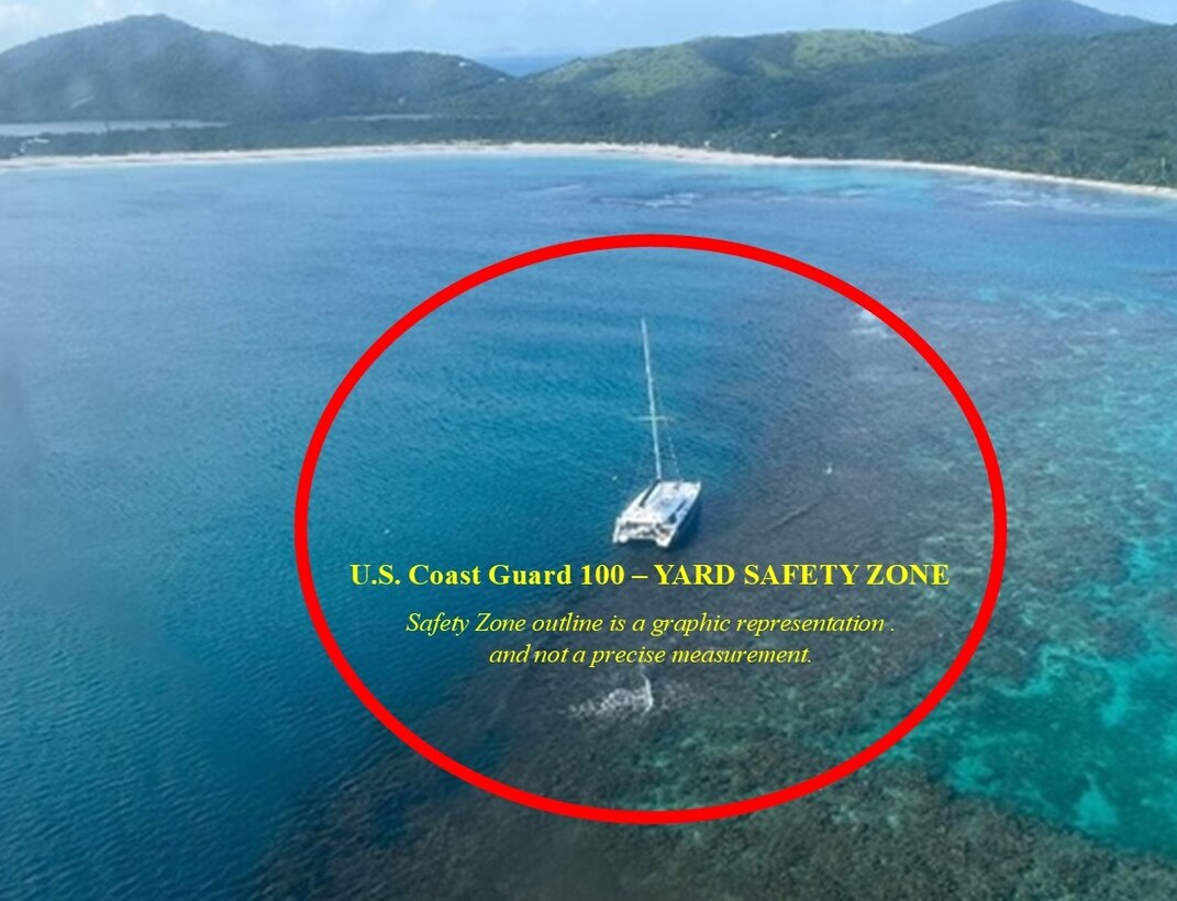 Graphic representing the 100-yard safety zone surrounding the aground sailing vessel Obsession that is in effect during operations to remove the vessel from a reef off Flamenco Beach at Culebra, Puerto Rico, Sept. 3, 2024. Following removal, the vessel will be transported to a facility at Virgin Gorda, British Virgin Islands, followed by a post-assessment of the reef area. (U.S. Guard photo/graphic)