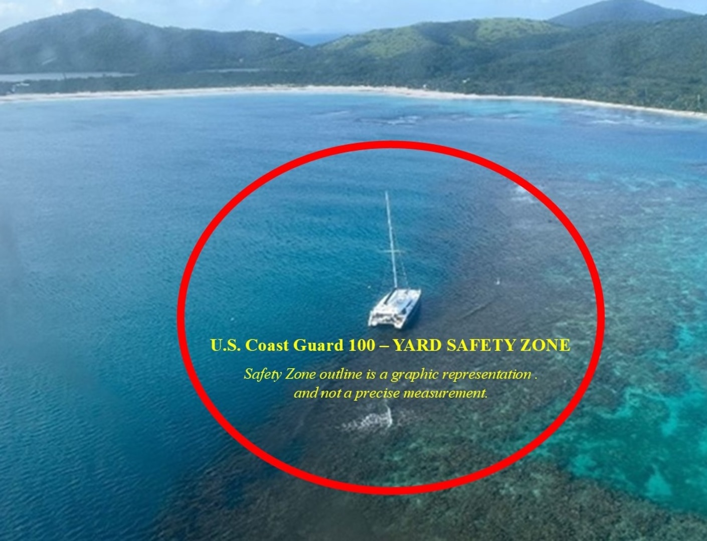 Graphic representing the 100-yard safety zone surrounding the aground sailing vessel Obsession that is in effect during operations to remove the vessel from a reef off Flamenco Beach at Culebra, Puerto Rico, Sept. 3, 2024. Following removal, the vessel will be transported to a facility at Virgin Gorda, British Virgin Islands, followed by a post-assessment of the reef area. (U.S. Guard photo/graphic)