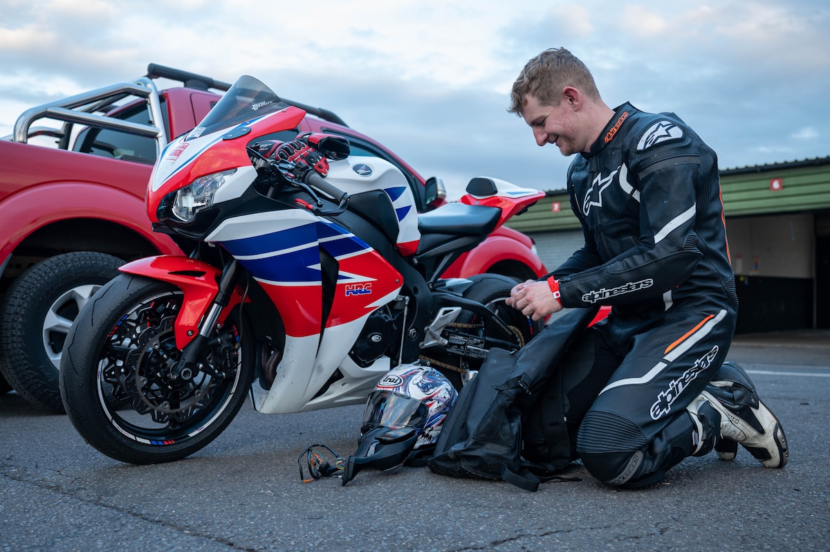 biker checks bike