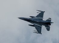 An F-16 Fighting Falcon assigned to the Ohio National Guard’s 180th Fighter Wing flies Aug. 9, 2024, during the Northern Lightning exercise at Volk Field, Wisconsin. Training between fourth- and fifth-generation aircraft ensures the Air Force meets near-peer warfighting needs.
