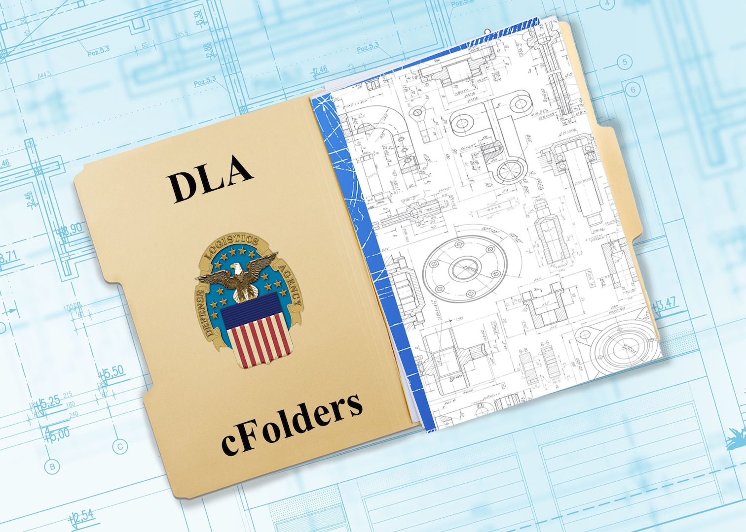 Decorative graphic of folder with technical data that represents DLA cFolders.