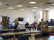 Members from various clergies and faiths in Northern California meet with 9th Reconnaissance Wing chaplains and leaders to discuss ways they can support Airmen, Guardians, and their families spiritually on and off base during Clergy Day at Beale Air Force Base, California, Aug. 28, 2024.
