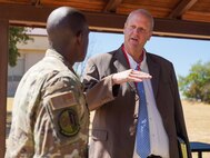U.S. Air Force Senior Airman Shemar Johnson, 9th Reconnaissance Wing religious affairs apprentice, and Matthew Wagman, Church of Jesus Christ of Latter-day Saints wheatland ward bishop, meet at the Foothills Chapel on Beale Air Force Base, California, Aug. 28, 2024.