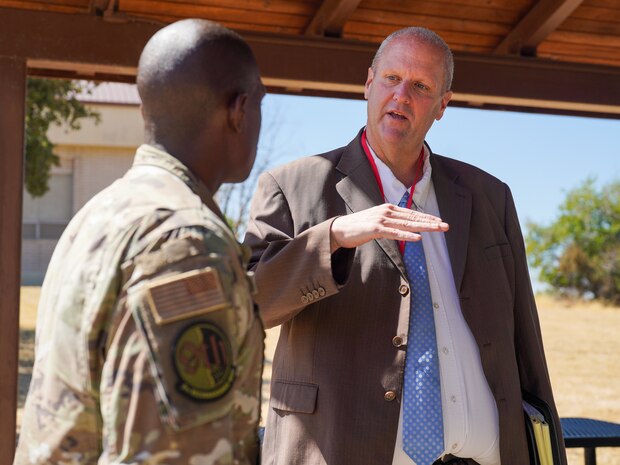 U.S. Air Force Senior Airman Shemar Johnson, 9th Reconnaissance Wing religious affairs apprentice, and Matthew Wagman, Church of Jesus Christ of Latter-day Saints wheatland ward bishop, meet at the Foothills Chapel on Beale Air Force Base, California, Aug. 28, 2024.