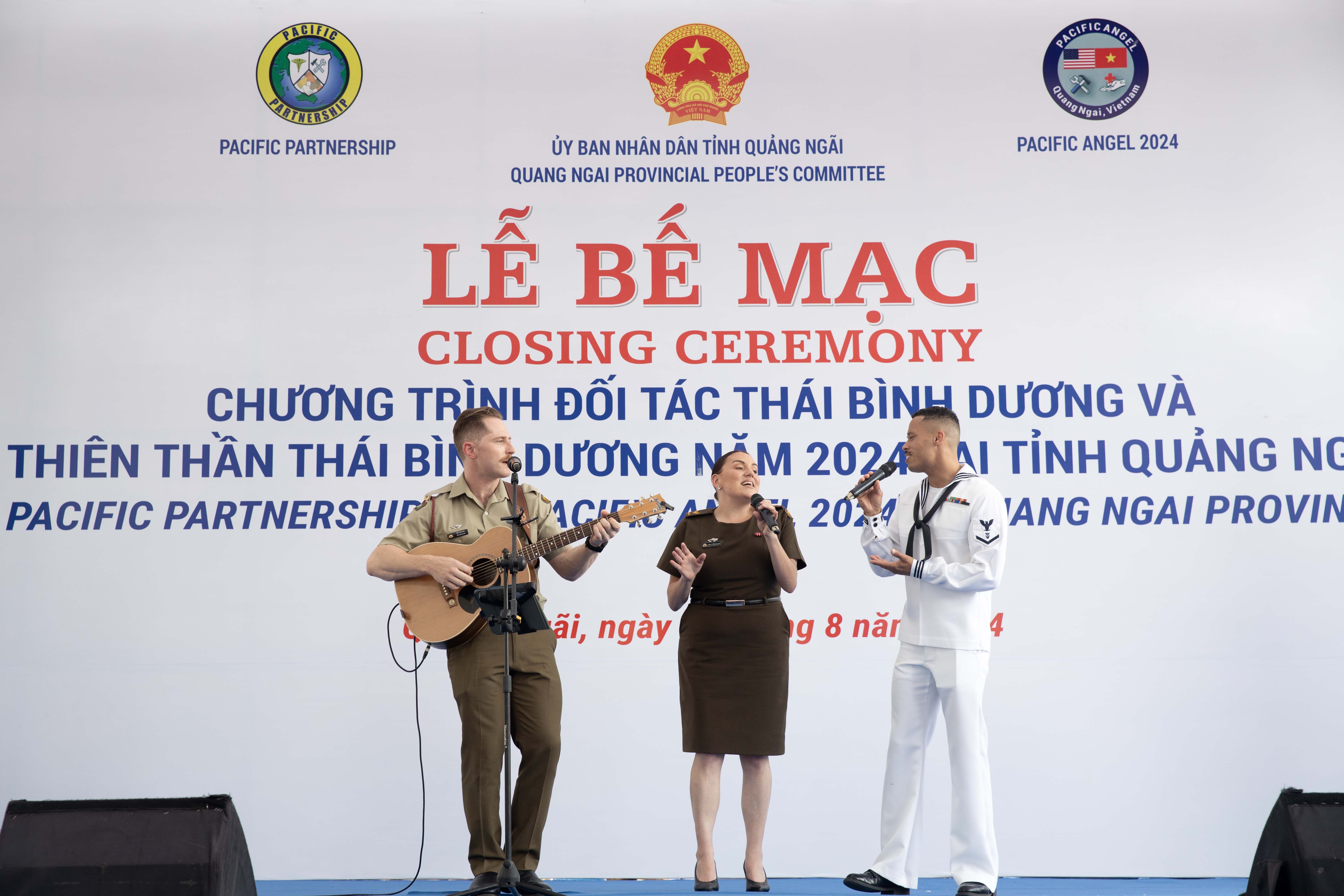 The Pacific Partnership 2024-2 (PP24-2) Band performs during the closing ceremony for PP24-2 and Pacific Angel 2024-3 at Tinh Khe Elementary School in Quang Ngai, Vietnam Aug. 30, 2024.