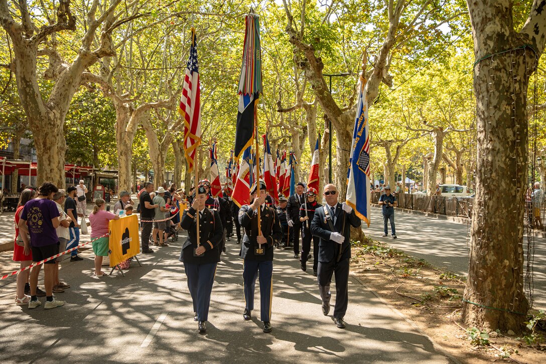 Rows of service members carry flags during a parade down a tree-lined street as civilians watch from the side during daylight.