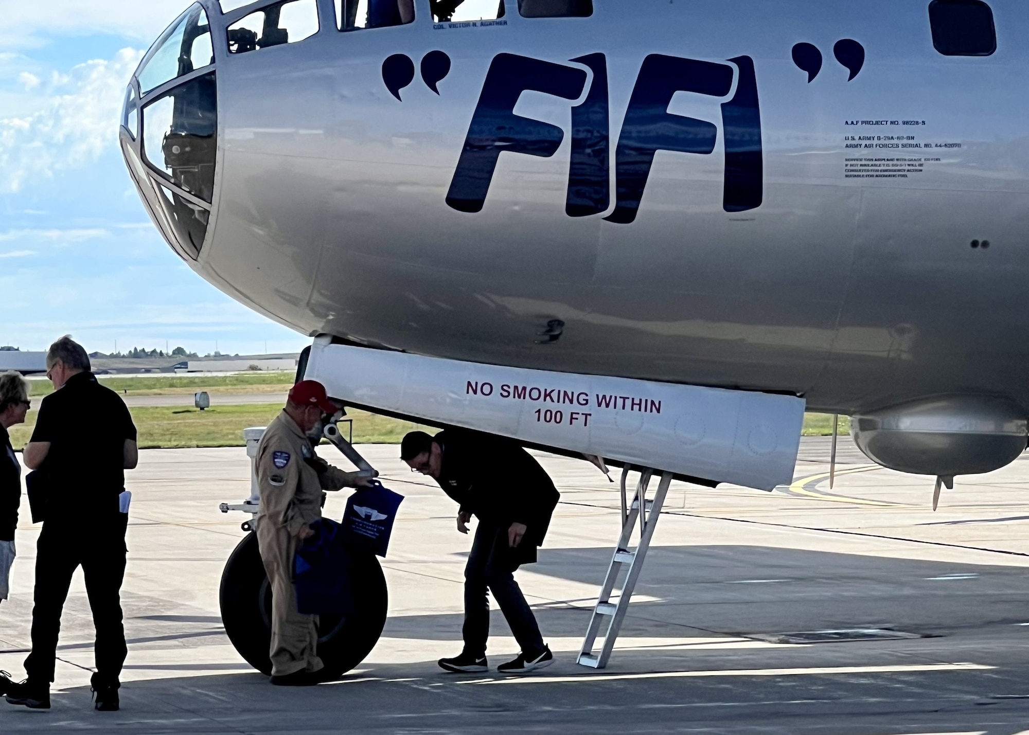 Dr. Jeremy Prichard, Twentieth Air Force historian, was given the opportunity to take a flight with the Commemorative Air Force aboard B-29 Superfortress, "FIFI", August 18, 2024. Prior to his flight, the CAF provided a tour of the historic aircraft to 20 AF members, August 14, 2024. Activation of 20 AF in 1944 occurred for the purpose of operating the last U.S. bomber produced during World War II, the B-29.