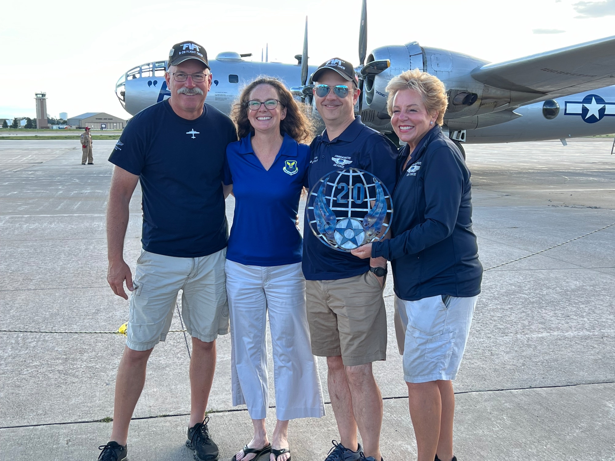 Dr. Jeremy Prichard, Twentieth Air Force historian, was given the opportunity to take a flight with the Commemorative Air Force aboard B-29 Superfortress, "FIFI", August 18, 2024. Prior to his flight, the CAF provided a tour of the historic aircraft to 20 AF members, August 14, 2024. Activation of 20 AF in 1944 occurred for the purpose of operating the last U.S. bomber produced during World War II, the B-29.