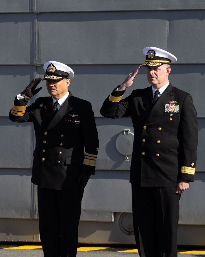 Armada de Chile, Vicealmirante (Chilean Navy Vice Admiral) Claudio Maldonado, (left) and U.S. Navy Rear Admiral Richard S. Lofgren, Vice Commander, U.S. Naval Forces Southern Command/U.S. 4th Fleet (right), salute during the opening ceremony for Exercise UNITAS LXV aboard LSDH 91 “Sargento Aldea”, Chile, Sep. 2, 2024. The ceremony kicked off the 65th annual UNITAS where 25 nations will train together to strengthen partnerships and interoperability. UNITAS, taking place in Chile this year, is the world’s longest-running annual multinational maritime exercise that focuses on enhancing interoperability among multiple nations and joint forces during littoral and amphibious operations in order to build on existing regional partnerships and create new enduring relationships that promote peace, stability, and prosperity in the U.S. Southern Command’s area of responsibility. (U.S. Marine Corps photo by Lance Cpl. Juan Diaz)