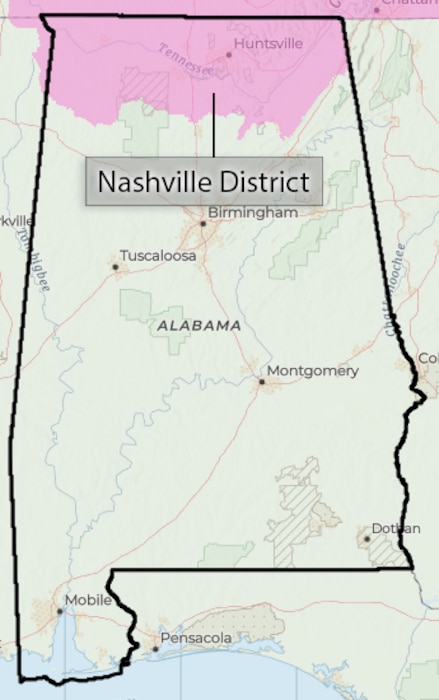 Map of Alabama with coloring depicting Nashville District's regulatory boundary.