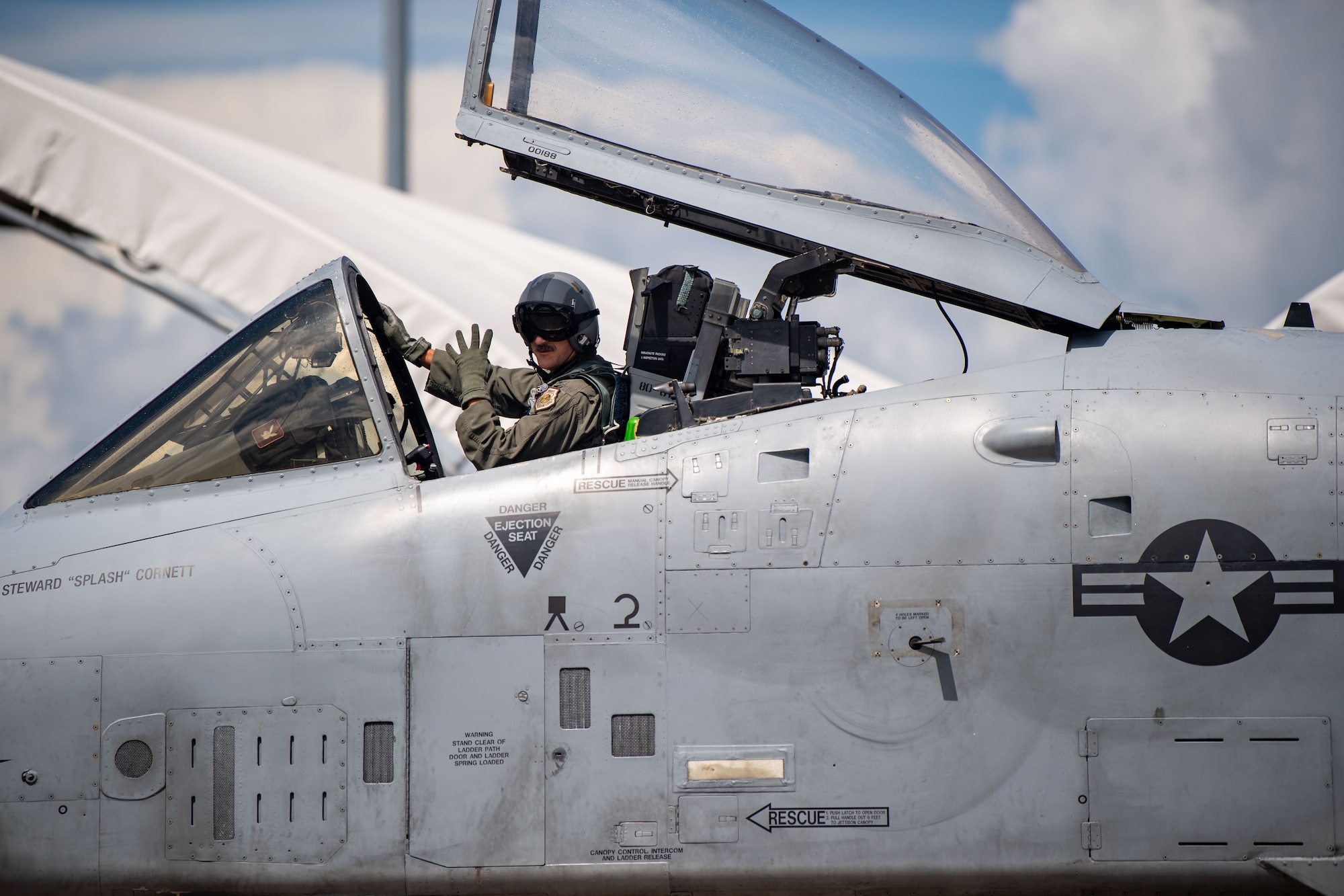 U.S. Air Force Col. Benjamin Rudolphi, 23rd Wing deputy commander, taxis his A-10C Thunderbolt II at Moody Air Force Base, Georgia, July 18, 2024. Rudolphi surpassed 4,000 combined flight hours on four different U.S. Air Force platforms during his 20+ year career as a close air support (CAS) pilot. This achievement not only highlights his exceptional dedication and expertise but also serves as an invaluable resource for training and mentoring the next generation of pilots, ensuring mission readiness and operational excellence. (U.S. Air Force photo by 2nd Lt. Benjamin Williams)