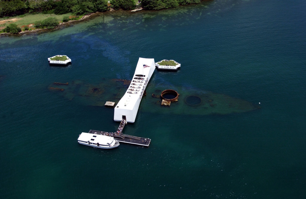 A memorial is viewed from the air.