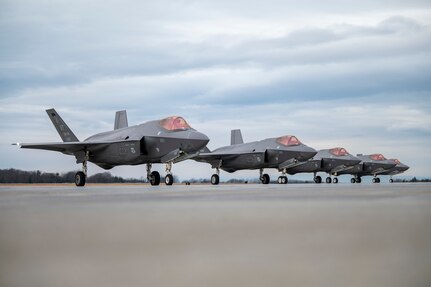 F-35A Lightning II’s assigned to the 134th Fighter Squadron, 158th Fighter Wing, Vermont Air National Guard line up prior to takeoff at the South Burlington Air National Guard Base, South Burlington, Vermont on March 2, 2024. The VTANG conducted air operations so that its pilots and ground crew can remain ready and proficient. (U.S. Air National Guard photo by Staff Sgt. Patrick Crosley)