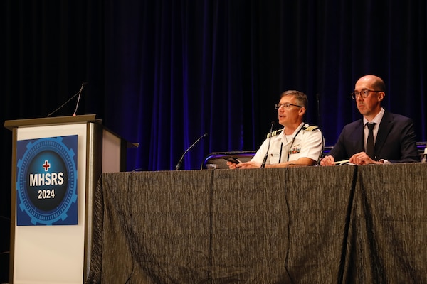 KISSIMMEE, Fla. (Aug. 29, 2024) Capt. Andrew Letizia, science director from NAMRU INDO PACIFIC, and Dr. Simon Pollett moderate at a breakout session during the Military Health System Research Symposium (MHSRS). MHSRS is the Department of Defense's premier scientific meeting that focuses specifically on the unique medical needs of service members. This annual educational symposium brings together healthcare professionals, researchers, and DoD leaders for four days of critical learning, intensive idea sharing and relationship building. Navy Medicine Research and Development attended MHSRS and participated in breakout sessions, poster presentations, lectures, and manned booths in the exhibit hall. The eight Navy Medicine Research and Development commands, led by Naval Medical Research Command (NMRC), and consisting of Naval Health Research Center (NHRC), Naval Submarine Medical Research Laboratory (NSMRL) and NAMRUs Dayton, San Antonio, EURAFCENT, INDO PACIFIC, and SOUTH, are engaged in a broad spectrum of activity from basic science in the laboratory to field studies in austere and remote areas of the world to investigations in operational environments. In support of the Navy, Marine Corps and joint U.S. warfighters, researchers study infectious diseases, biological warfare detection and defense, combat casualty care, environmental health concerns, aerospace and undersea medicine, medical modeling, simulation, operational mission support, epidemiology and behavioral sciences. (U.S. Navy Photo by Sidney Hinds/released)