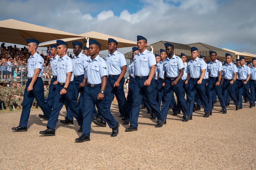 More than 700 Airmen assigned to Flights 537-552 march in the 737th Training Group’s graduation parade, at Joint Base San Antonio-Lackland, Texas, August 29,, 2024.