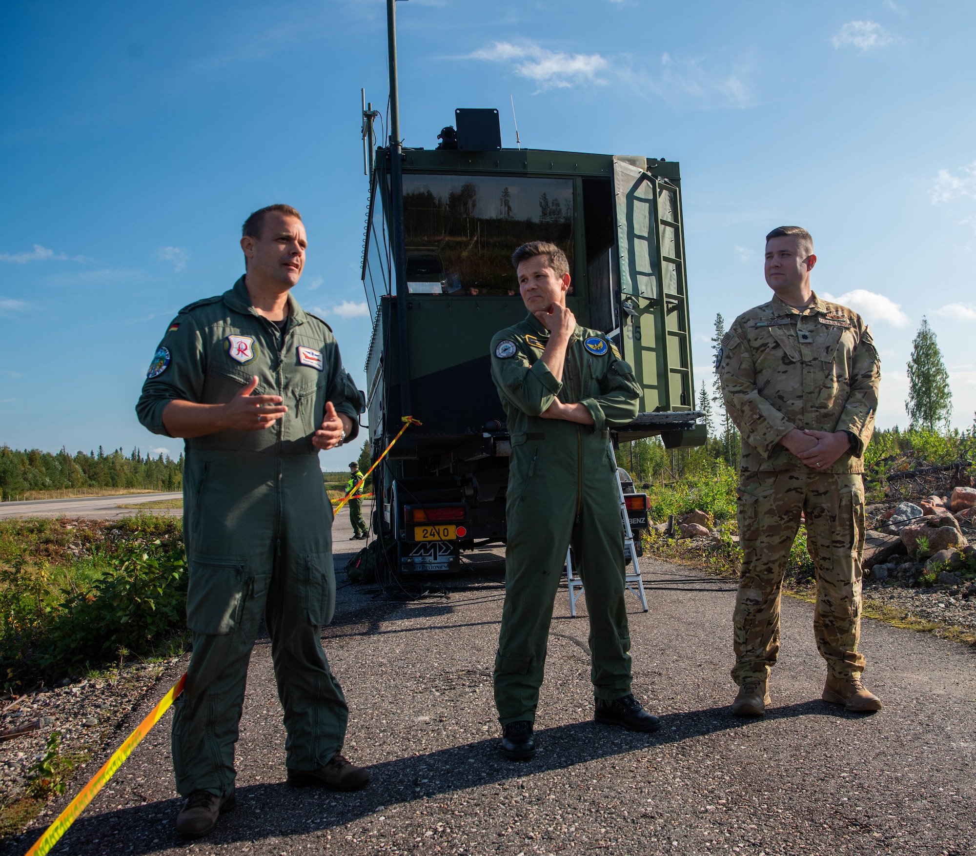 A press conference is held during exercise BAANA 2024 with military leaders from Germany, Finland and the United States on Hosio Highway Strip, Ranua, Finland, Sept. 4. During the exercise NATO Allies collaborated to adapt, innovate and strengthen our collective defense while making history by landing U.S. fighter aircraft on a Finnish highway strip demonstrating military capabilities and interoperability. (U.S. Air Force photo by Airman 1st Class Tabatha Chapman)