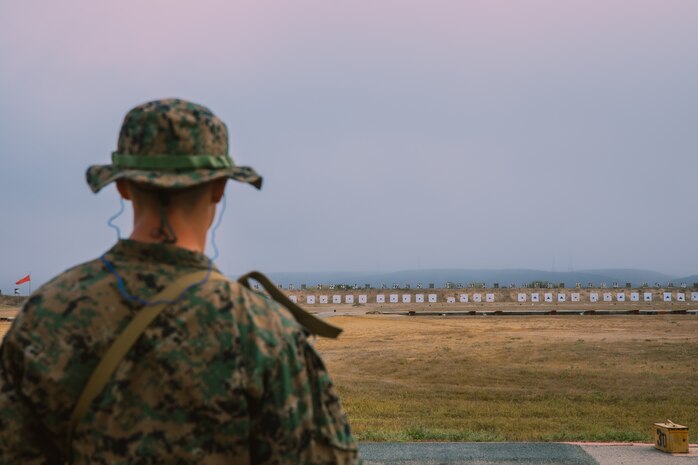 A U.S. Marine Corps recruit with Fox Company, 2nd Recruit Training Battalion, faces down range during the table one course of fire at Marine Corps Base Camp Pendleton, California, Aug. 21, 2024. The table one course of fire is designed to introduce recruits to the basic fundamentals of marksmanship and rifle safety. (U.S. Marine Corps photo by Cpl. Sarah M. Grawcock)