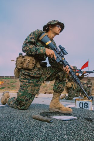 U.S. Marine Corps Recruit Quaid Boyd with Fox Company, 2nd Recruit Training Battalion, faces down range during the table one course of fire at Marine Corps Base Camp Pendleton, California, Aug. 21, 2024. The table one course of fire is designed to introduce recruits to the basic fundamentals of marksmanship and rifle safety. (U.S. Marine Corps photo by Cpl. Sarah M. Grawcock)