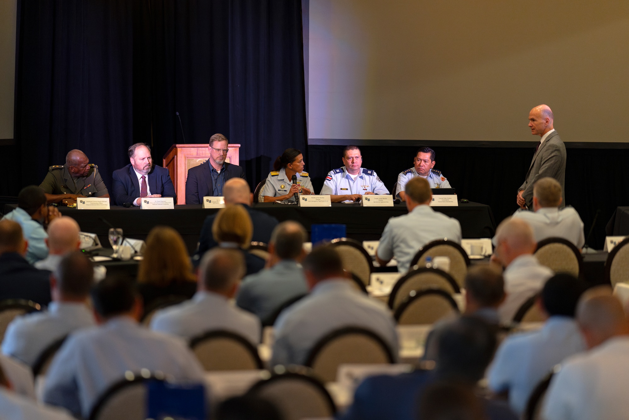 A panel discussion is held during the Central American and Caribbean Air Chiefs conference in Tucson, Arizona, Aug. 26, 2024. Formal briefings and discussions were held under the theme—Partnership to strengthen cooperative, capable forces to address evolving regional threats. (U.S. Air Force photo by Tech. Sgt. Rachel Maxwell)