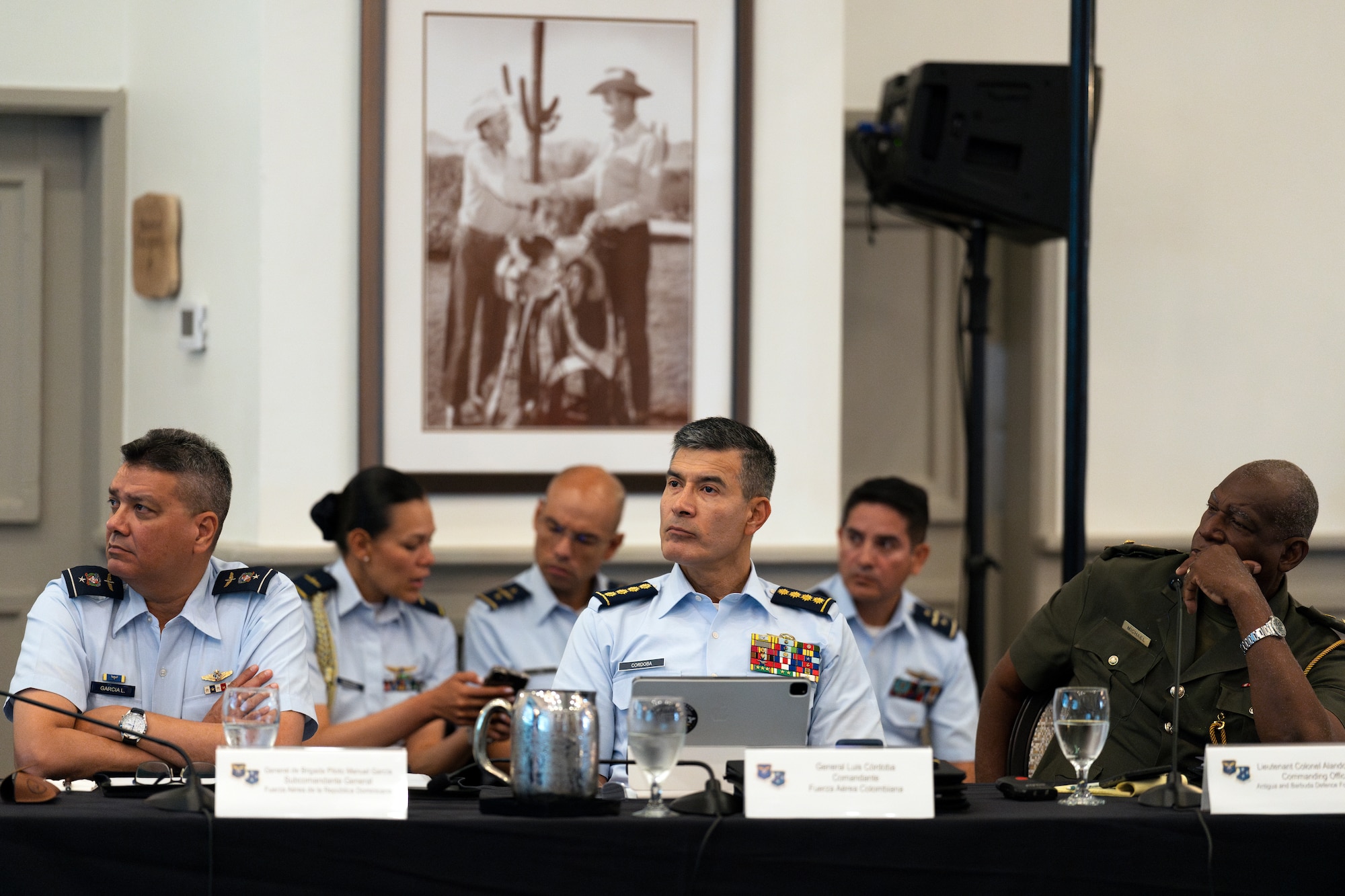 Partner nation air chiefs, from left to right, representing Dominican Republic, Colombia and Antigua and Barbuda listen to a briefing during the Central American and Caribbean Air Chiefs conference in Tucson, Arizona, Aug. 26, 2024. The week-long conference united key Air Force leaders from 13 Central American and Caribbean partner nations to work collaboratively to address future challenges and share best practices. (U.S. Air Force photo by Tech. Sgt. Rachel Maxwell)