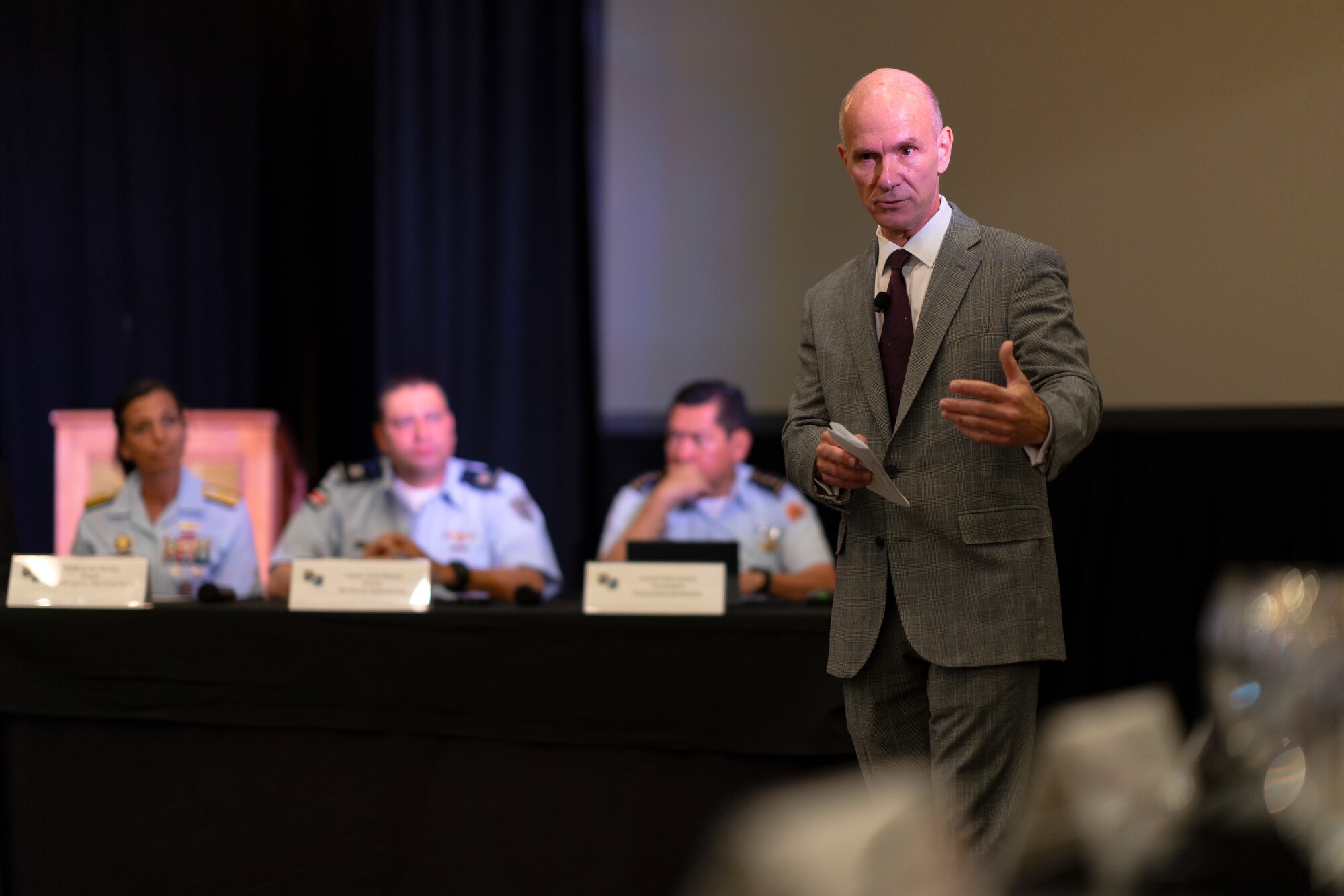 Dr. Evan Ellis, Latin American research professor with the U.S. Army War College moderates during a panel discussion for the Central American and Caribbean Air Chiefs conference in Tucson, Arizona, Aug. 26, 2024. The bi-annual conference enabled opportunities for cooperation between partner nations, critical to realizing shared vision and values for a prosperous and secure Western Hemisphere. (U.S. Air Force photo by Tech. Sgt. Rachel Maxwell)