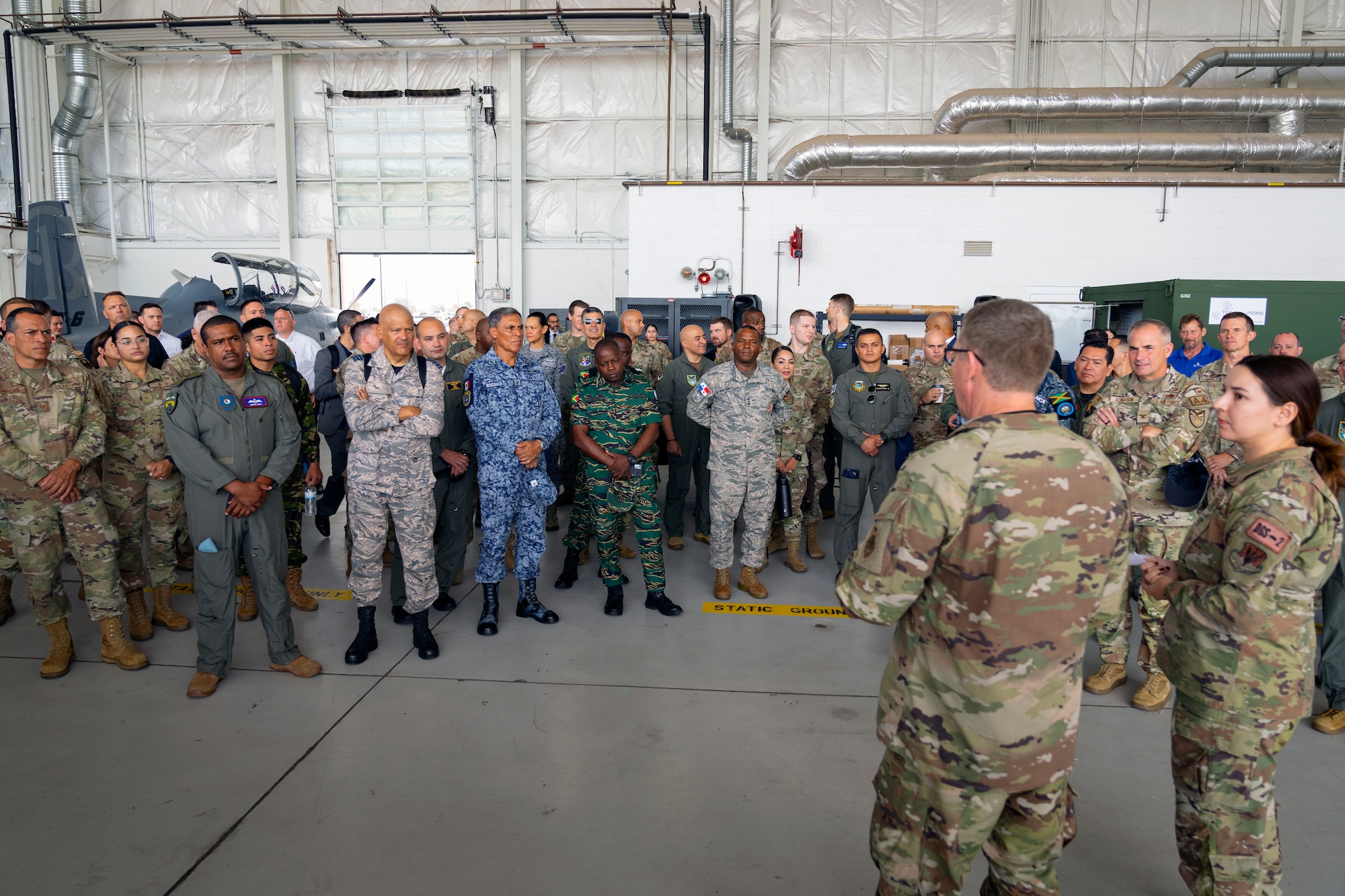 Twelfth Air Force (Air Forces Southern) hosts the Central American and Caribbean Air Chiefs conference—Industry Day inside a hangar at Davis-Monthan Air Force Base, Arizona, Aug. 27, 2024. The CENTAM-CARIB 2024 conference was attended by partner nations from, Antigua and Barbuda, Belize, Colombia, Guatemala, Costa Rica, Dominican Republic, Honduras, Jamaica, Suriname, Guyana, Mexico, Panama and El Salvador. (U.S. Air Force photo by Tech. Sgt. Rachel Maxwell)