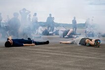 Casualty actors simulate injuries during an Emergency Management exercise.