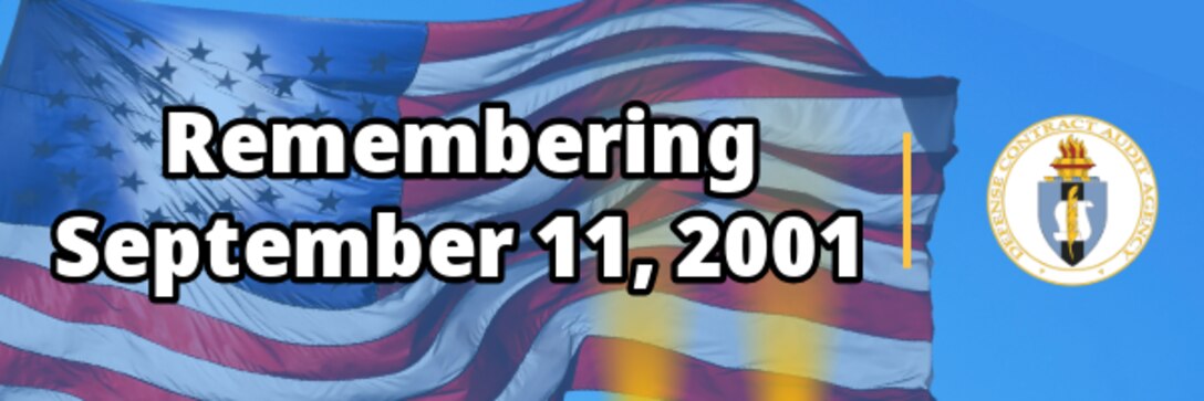 Blue banner with text and the American flag in the background.