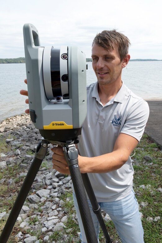 Surveyor Trevor Groce, U.S. Army Corps of Engineers Nashville District, operates a terrestrial scanner Sept. 3, 2024, to assess the condition of an existing boat ramp at J. Percy Priest Lake in Nashville, Tennessee. Groce is the district’s employee of the month for May 2024. (USACE Photo by Lee Roberts)