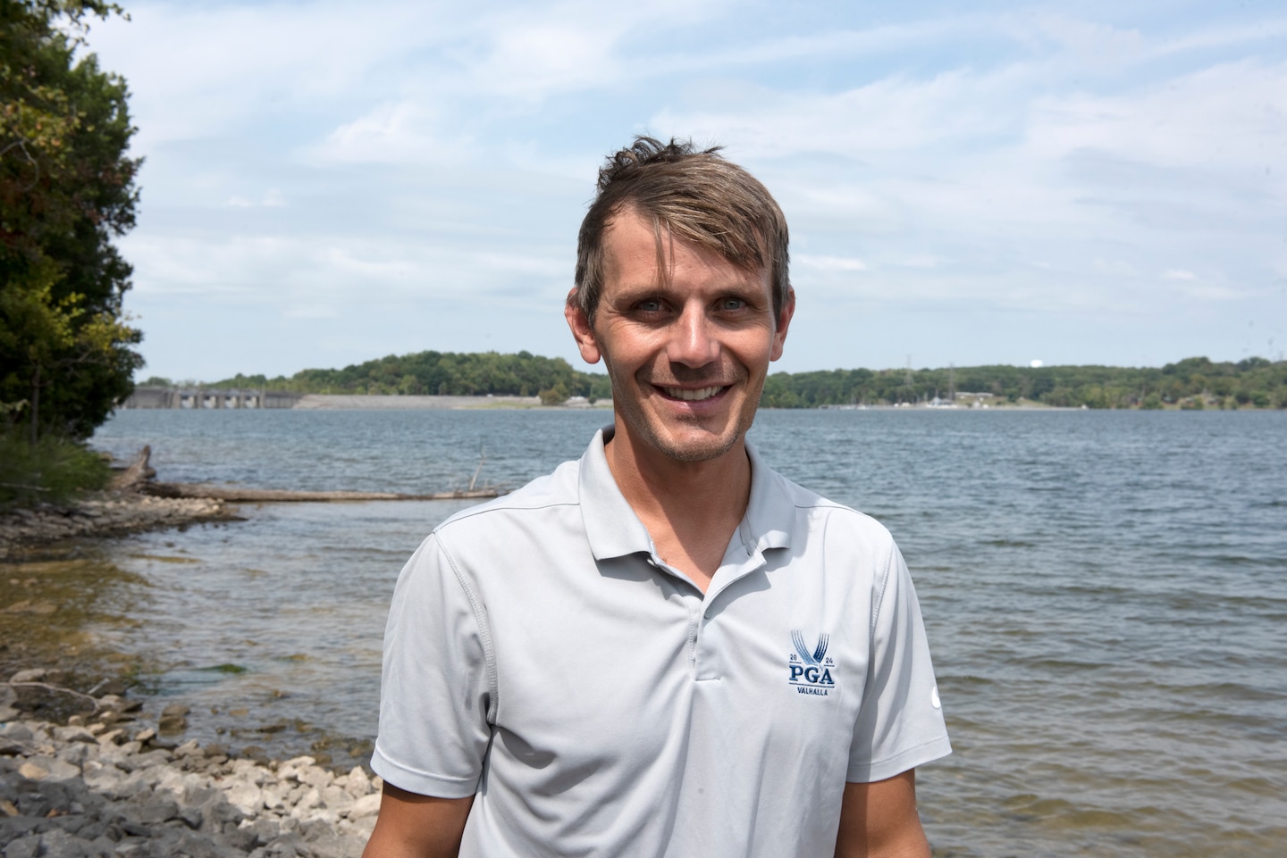 Surveyor Trevor Groce is the U.S. Army Corps of Engineers Nashville District Employee of the Month for May 2024. He is seen here Sept. 3, 2024, at a boat ramp on the shoreline of J. Percy Priest Lake in Nashville, Tennessee. (USACE Photo by Lee Roberts)