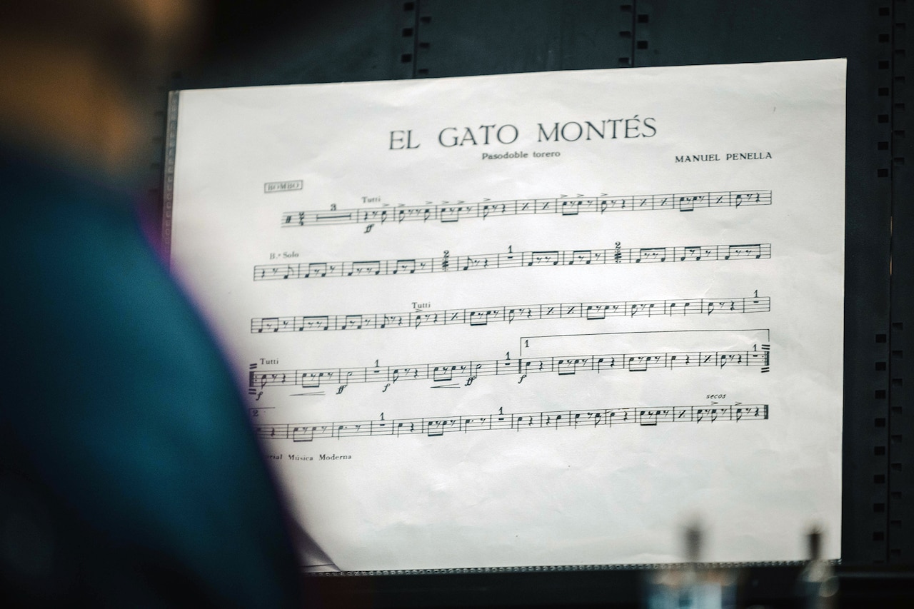 A paper displaying the song El Gato Montes in lines of music sits in front of a musician.