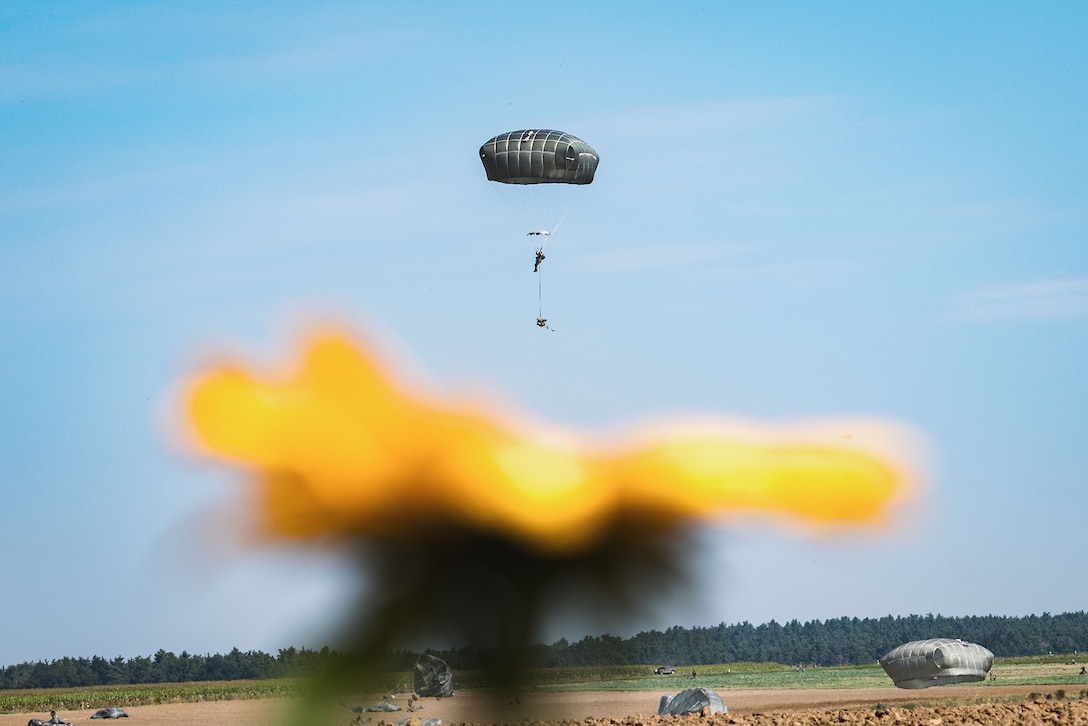 Soldiers parachute from a military aircraft during daylight. A yellow flower is out of focus in the foreground of the photo.