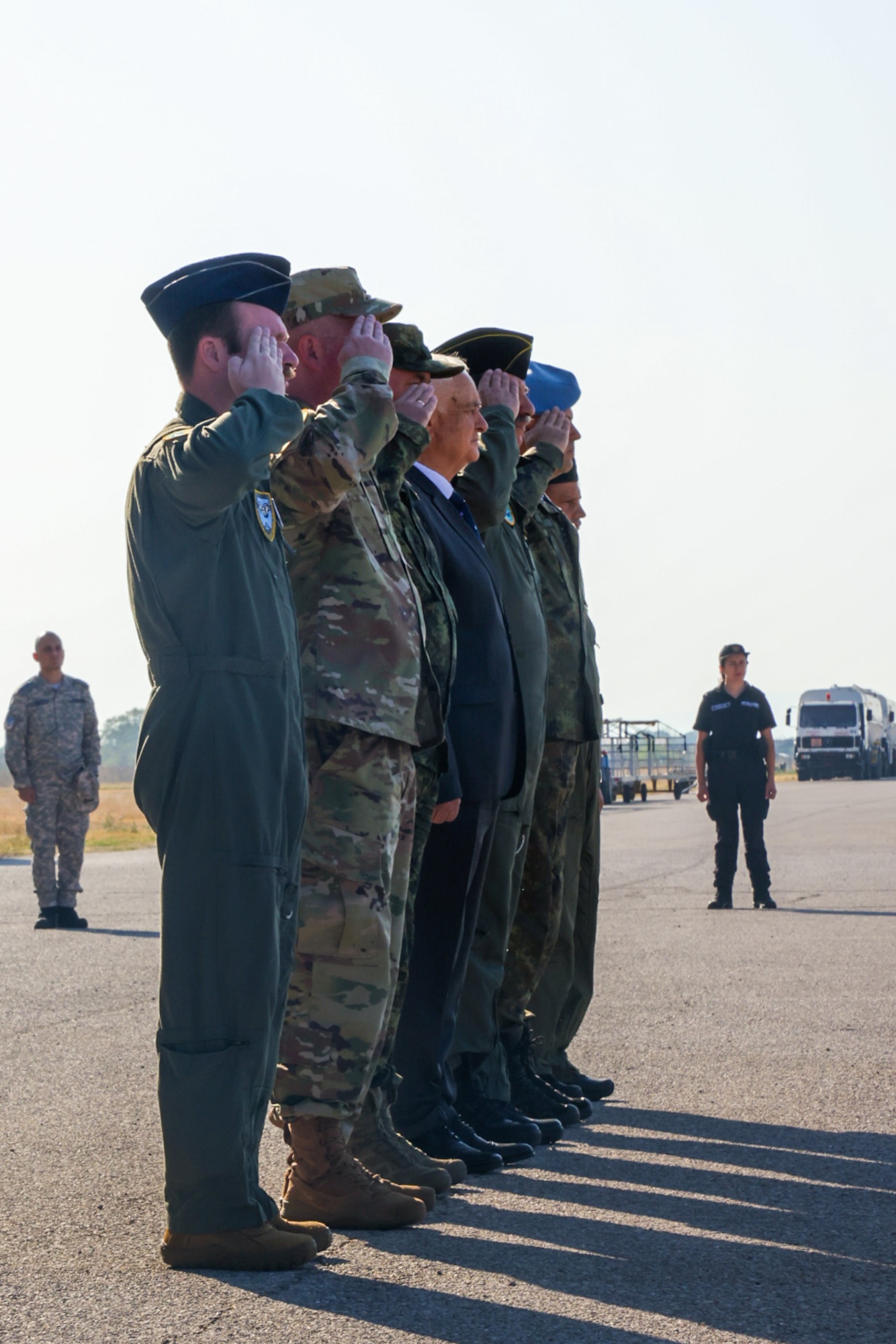 U.S. Air Force and Bulgarian air force leadership return a salute to their members standing in formation during Thracian Summer 2024, August 24, 2024, in Plovdiv, Bulgaria.