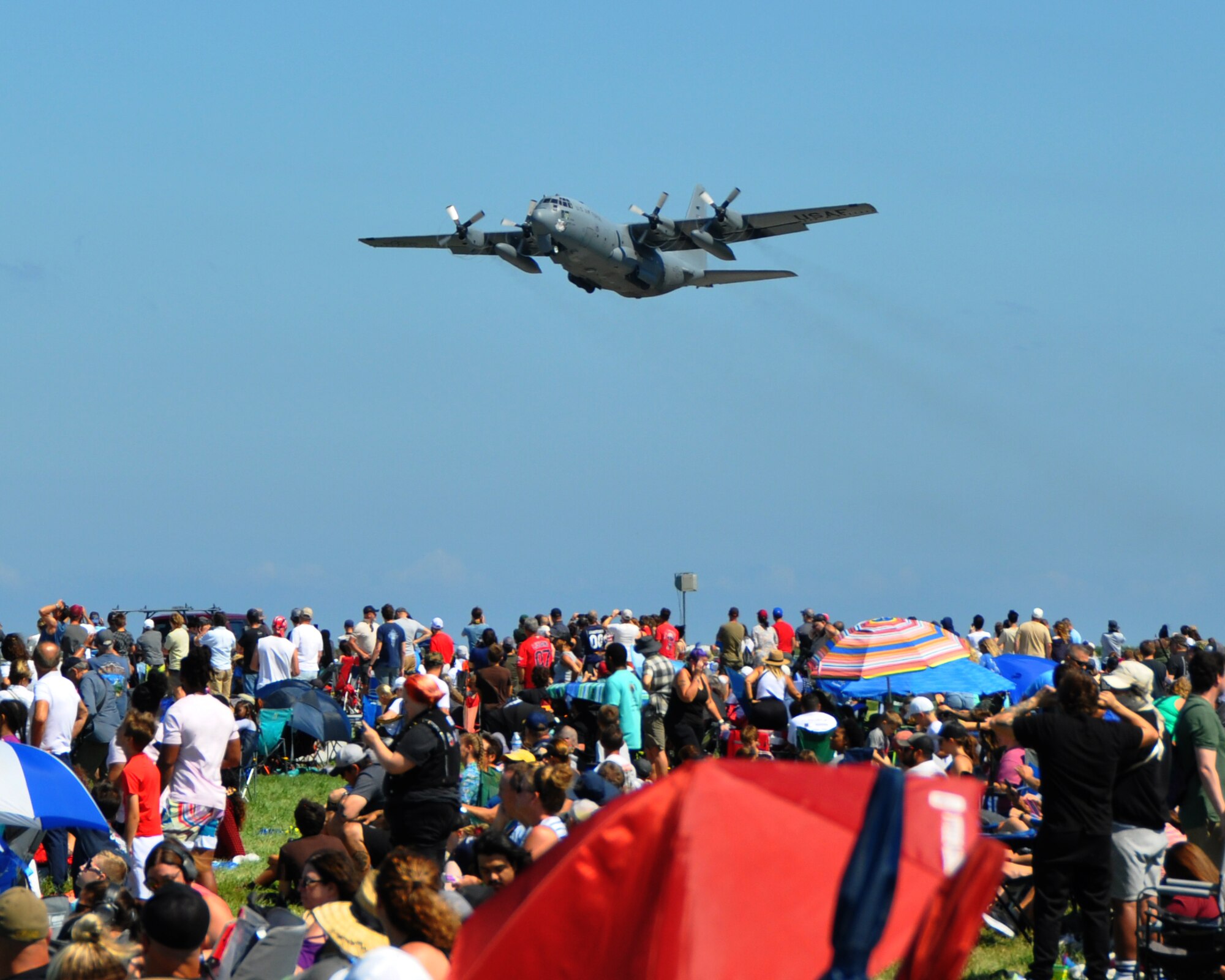 A C-130H Hercules aircraft assigned to the 910th Airlift Wing, based at nearby Youngstown Air Reserve Station, Ohio, takes off to perform a demonstration flight during the 2024 Cleveland National Air Show, held at Burke Lakefront Airport, Sept. 1, 2024.