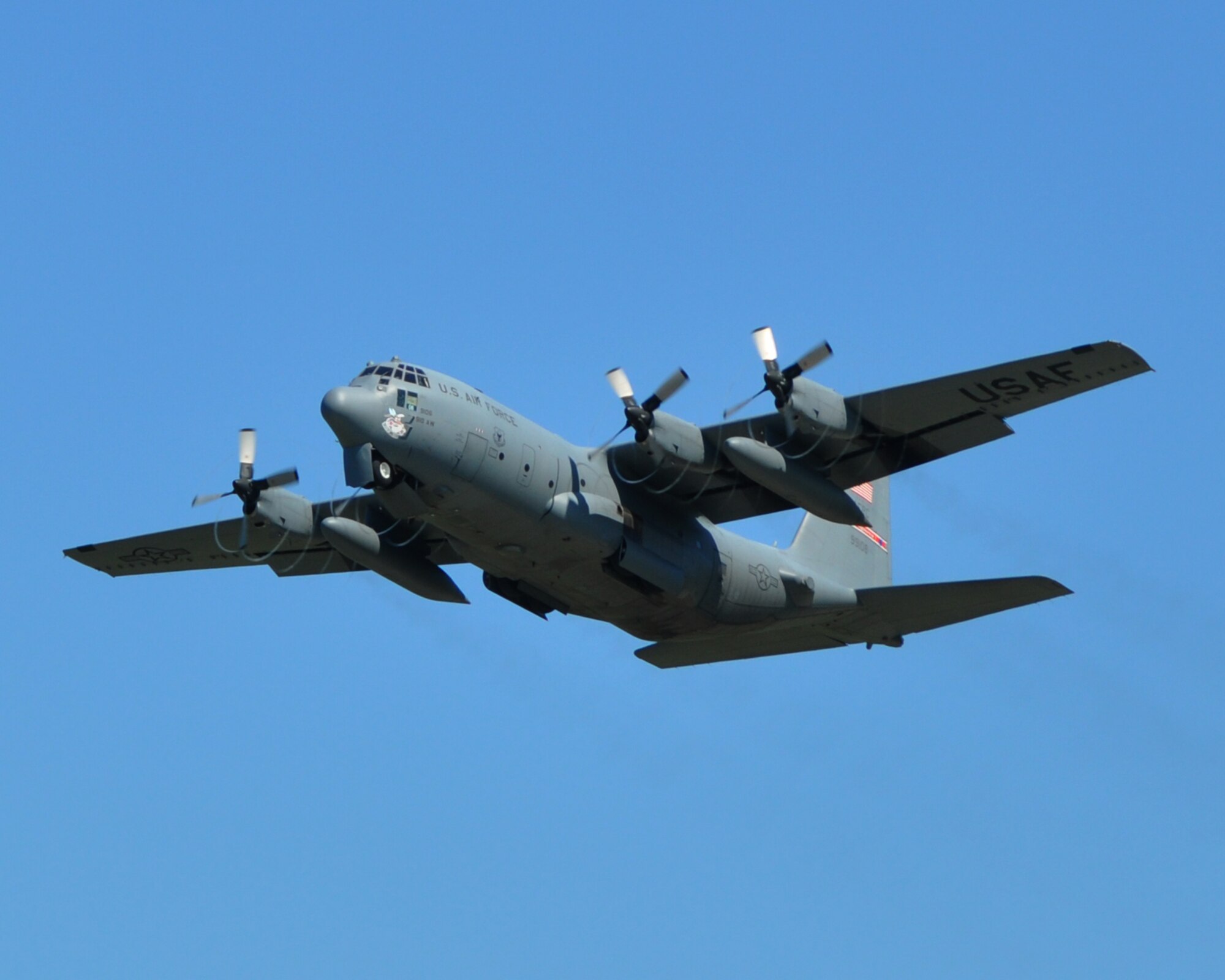 A C-130H Hercules aircraft assigned to the 910th Airlift Wing, based at nearby Youngstown Air Reserve Station, Ohio, climbs to perform a demonstration flight during the 2024 Cleveland National Air Show, held at Burke Lakefront Airport, Sept. 1, 2024.