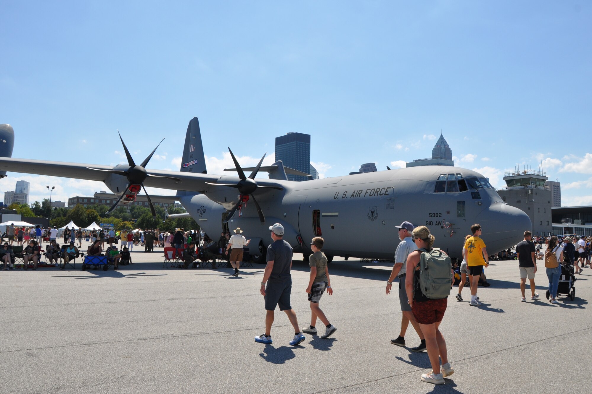 The 910th Airlift Wing’s first C-130J-30 Super Hercules aircraft, based at nearby Youngstown Air Reserve Station, Ohio, makes its public debut during the 2024 Cleveland National Air Show, held at Burke Lakefront Airport, Sept. 1, 2024.