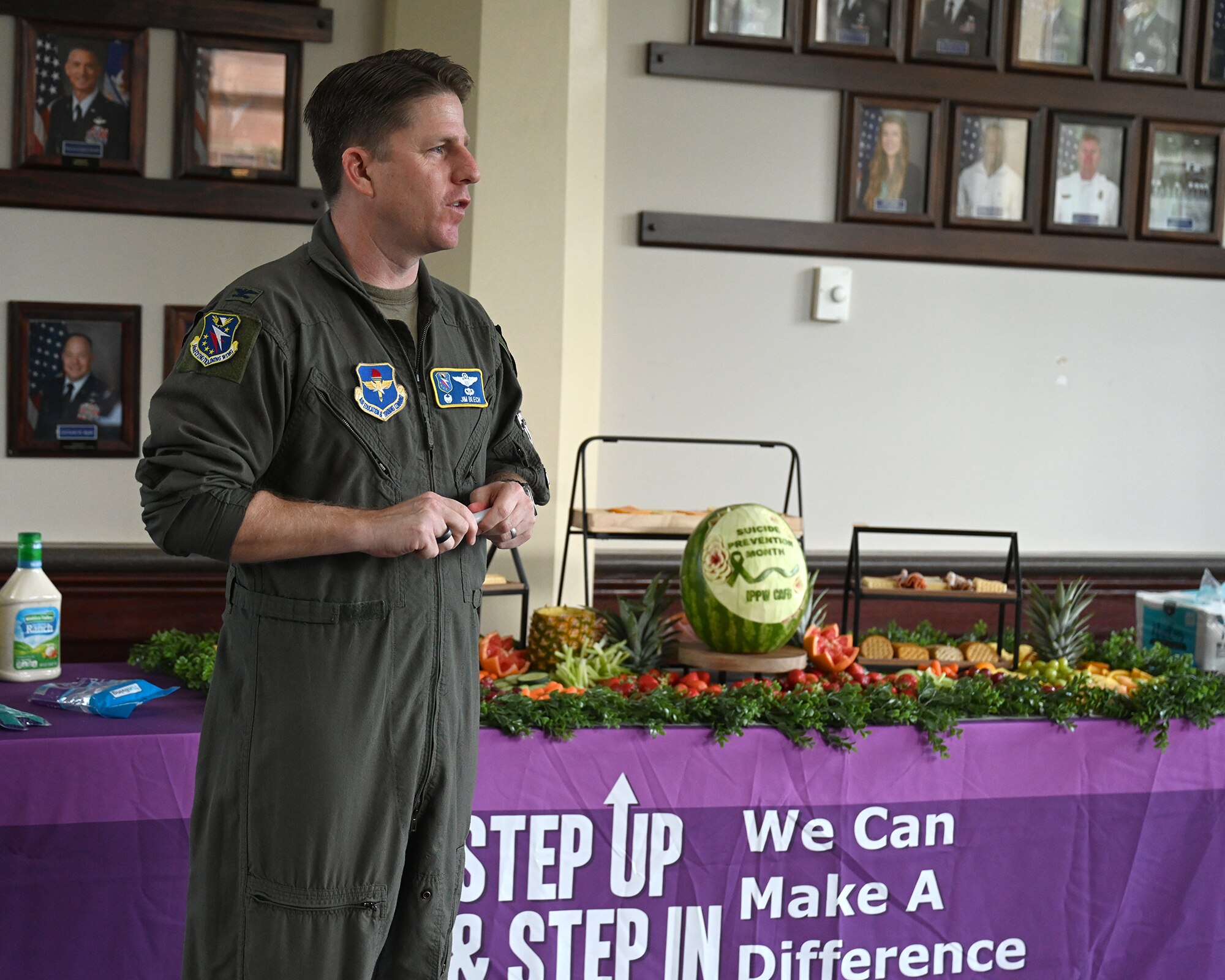 Col. James J. Blech speaks during the National Suicide Prevention Awareness Month opening ceremony.