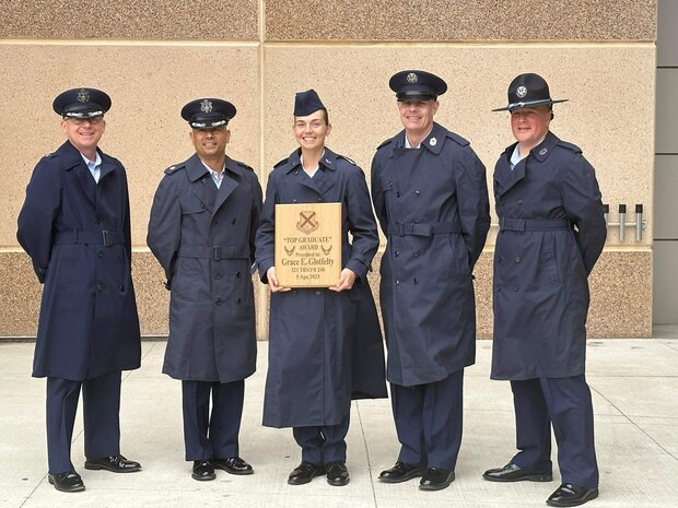 U.S. Air Force Airman 1st Class Grace Glotfelty, 9th Operations Support Squadron weather journeyman, received the Top Graduate Award when she completed Basic Military Training, at Lackland Air Force Base, Texas, April 7, 2023.