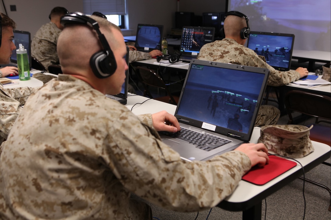 Small Unit Leaders plan, brief and lead their own missions. Marines communicate with one-another through voice over a digital network. Following simulated scenarios, small unit leaders evaluate their unit’s performance and conduct a detailed debrief, aided by DVTE’s unique After-Action Review Functionality. (U.S. Marine Corps photo by Lance Cpl. Alexandria Blanche)