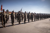 U.S. Marine Corps recruits with Lima Company, 3rd Recruit Training Battalion, conduct their final drill evaluation at Marine Corps Recruit Depot San Diego, California, Aug. 24, 2024. During the final drill evaluation, the platoons are scored based on their uniforms, bearing, and movements, as well as the senior drill instructor’s cadence, sword control, and movement commands. (U.S. Marine Corps photo by Sgt. Jesse K. Carter-Powell)