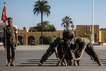 U.S. Marine Corps recruits with Lima Company, 3rd Recruit Training Battalion, create rifle stacks as part of their final drill evaluation at Marine Corps Recruit Depot San Diego, California, Aug. 24, 2024. During the final drill evaluation, the platoons are scored based on their uniforms, bearing, and movements, as well as the senior drill instructor’s cadence, sword control, and movement commands. (U.S. Marine Corps photo by Sgt. Jesse K. Carter-Powell)