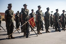 U.S. Marine Corps recruits with Lima Company, 3rd Recruit Training Battalion, create rifle stacks as part of their final drill evaluation at Marine Corps Recruit Depot San Diego, California, Aug. 24, 2024. During the final drill evaluation, the platoons are scored based on their uniforms, bearing, and movements, as well as the senior drill instructor’s cadence, sword control, and movement commands. (U.S. Marine Corps photo by Sgt. Jesse K. Carter-Powell)